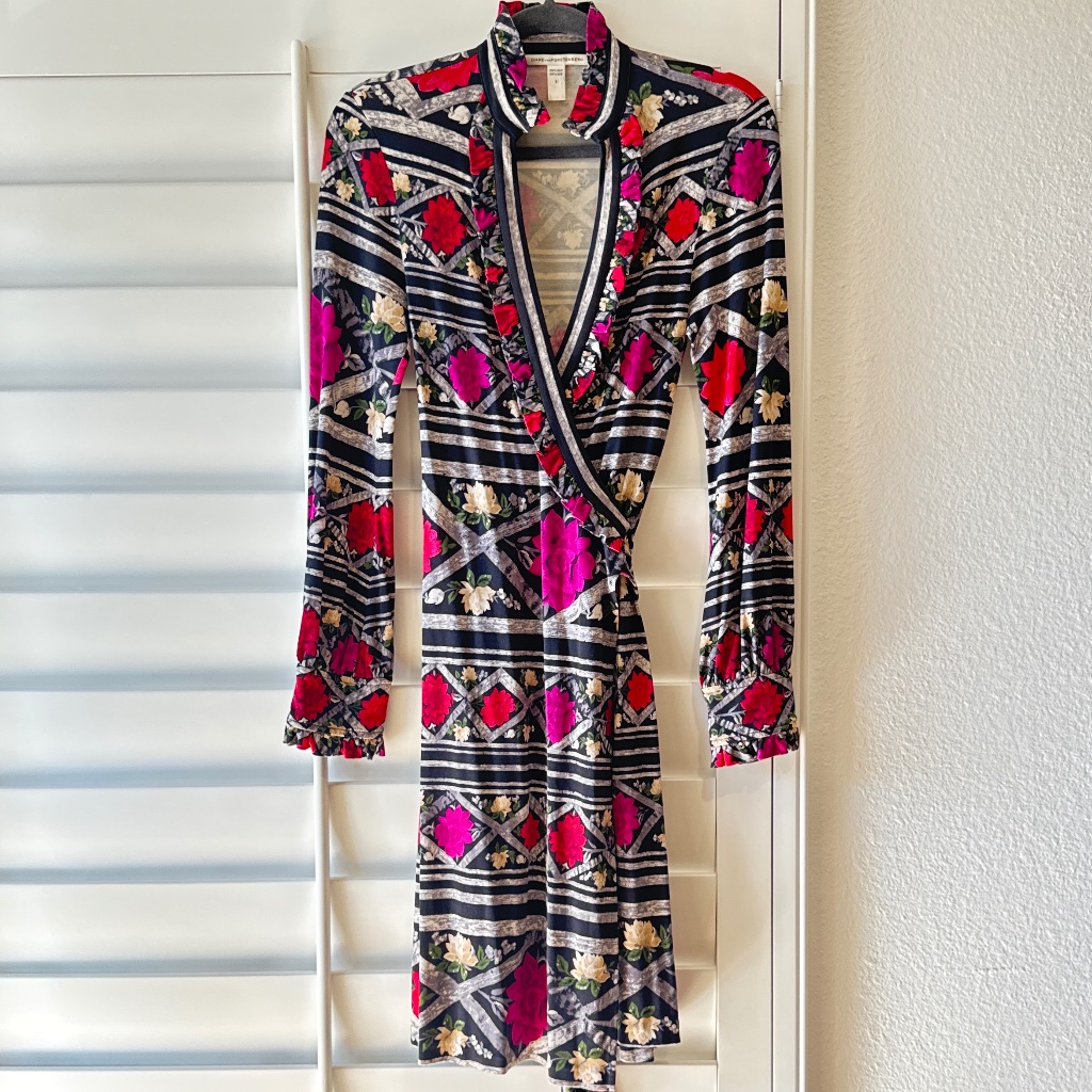 Dvf Diane Von Furstenberg Vintage Silk Floral Ruffle Wrap Dress Long Sleeve 8